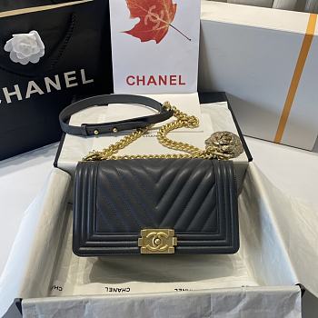 Chanel Medium Boy Bag Chevron Gold-tone Metal Grained Leather Dark Gray A67086 25cm