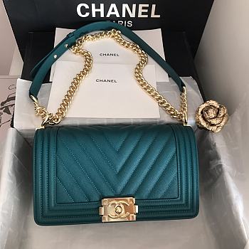 Chanel Medium Boy Bag Chevron Gold-tone Metal Grained Leather Teal A67086 25cm