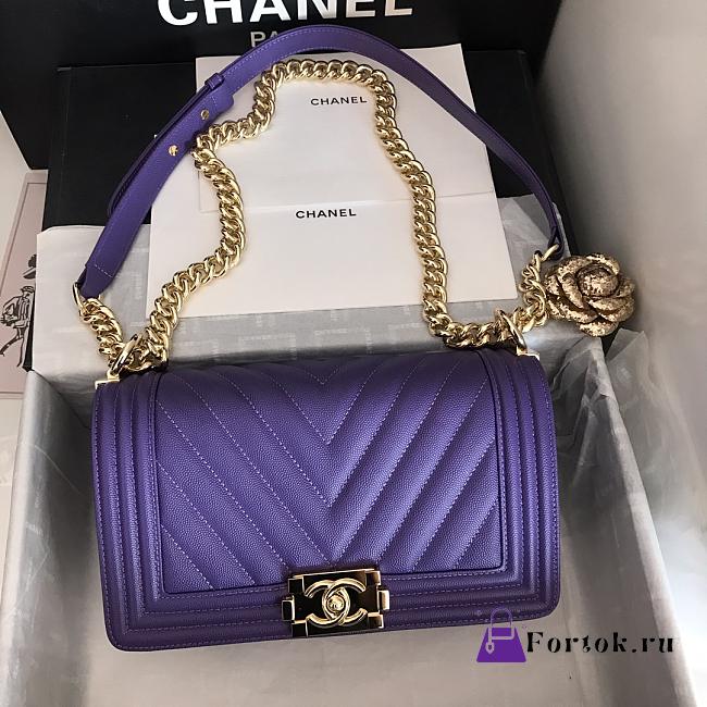 Chanel Medium Boy Bag Chevron Gold-tone Metal Grained Leather Purple A67086 25cm - 1