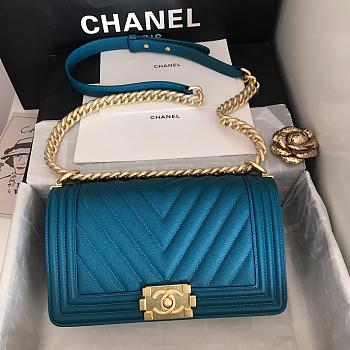 Chanel Medium Boy Bag Chevron Gold-tone Metal Grained Leather Ocean Blue A67086 25cm