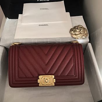 Chanel Medium Boy Bag Chevron Gold-tone Metal Grained Leather Burgundy A67086 25cm