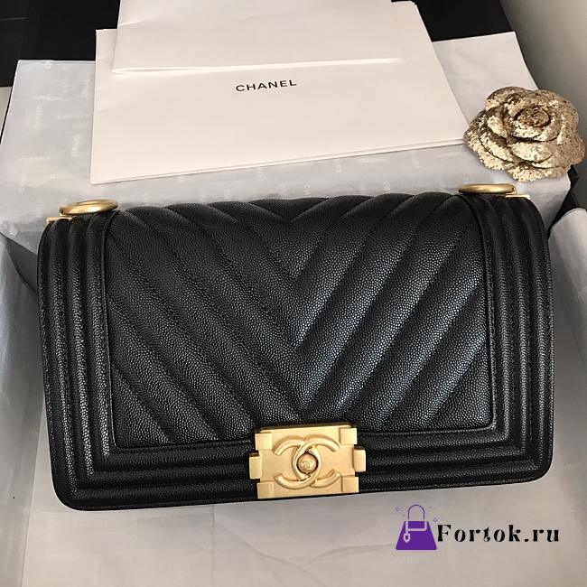 Chanel Medium Boy Bag Chevron Gold-tone Metal Grained Leather Black A67086 25cm - 1