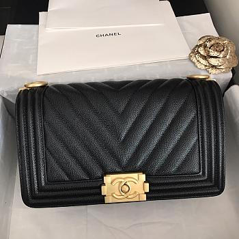 Chanel Medium Boy Bag Chevron Gold-tone Metal Grained Leather Black A67086 25cm