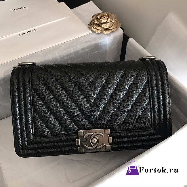 Chanel Medium Boy Bag Chevron Black-tone Metal Grained Leather Black A67086 25cm - 1