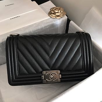 Chanel Medium Boy Bag Chevron Black-tone Metal Grained Leather Black A67086 25cm