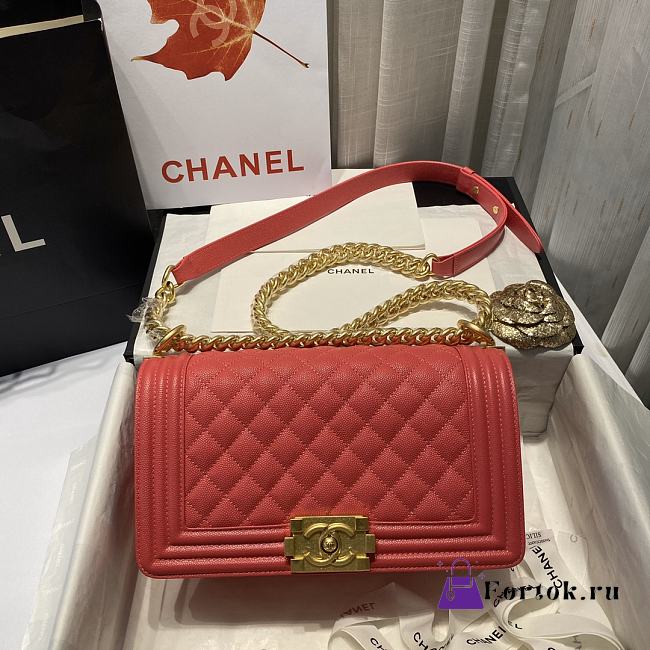 Chanel Medium Boy Bag Classic Gold-tone Metal Grained Leather Peach A67086 25cm - 1