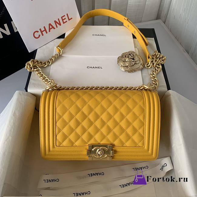 Chanel Medium Boy Bag Classic Gold-tone Metal Grained Leather Mustard Yellow A67086 25cm - 1