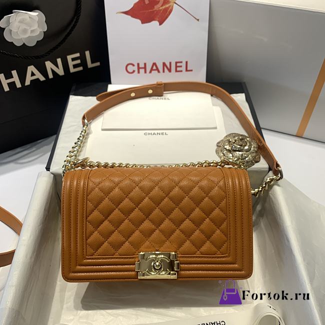 Chanel Medium Boy Bag Classic Gold-tone Metal Grained Leather Tan A67086 25cm - 1