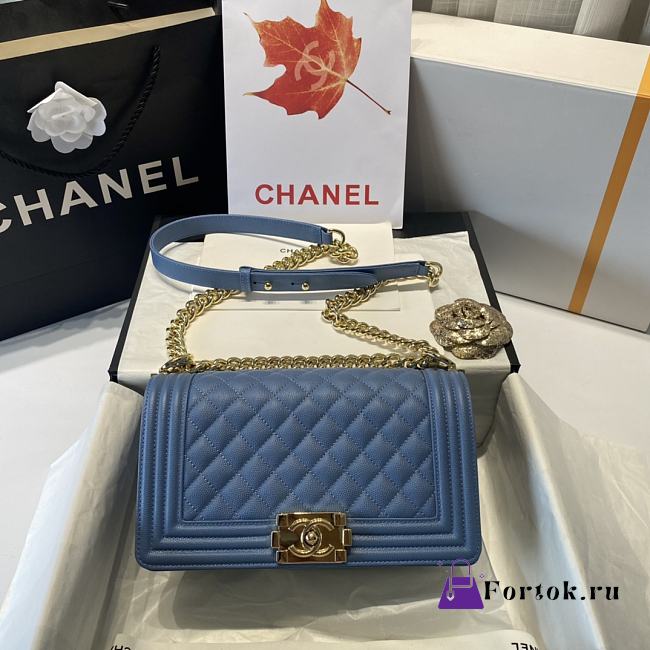 Chanel Medium Boy Bag Classic Gold-tone Metal Grained Leather Sky Blue A67086 25cm - 1