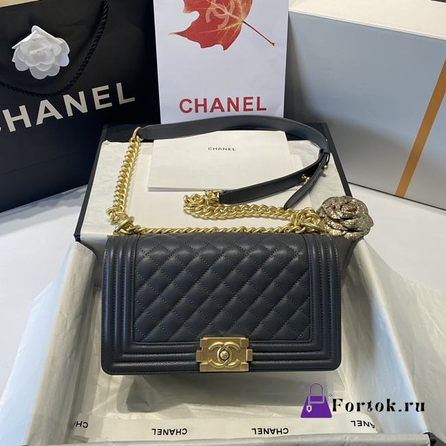 Chanel Medium Boy Bag Classic Gold-tone Metal Grained Leather Dark Gray A67086 25cm - 1