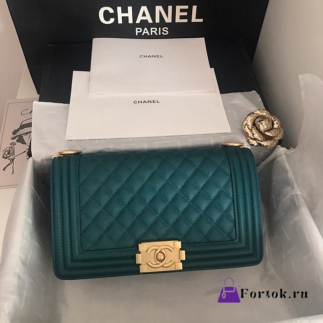 Chanel Medium Boy Bag Classic Gold-tone Metal Grained Leather Teal A67086 25cm - 1