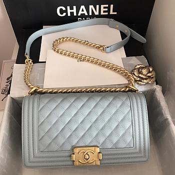 Chanel Medium Boy Bag Classic Gold-tone Metal Grained Leather Cornflower A67086 25cm