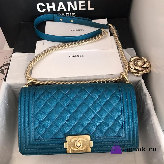 Chanel Medium Boy Bag Classic Gold-tone Metal Grained Leather Ocean Blue A67086 25cm - 1