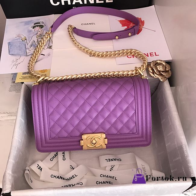 Chanel Medium Boy Bag Classic Gold-tone Metal Grained Leather Light Purple A67086 25cm - 1
