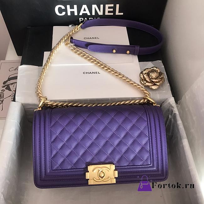 Chanel Medium Boy Bag Classic Gold-tone Metal Grained Leather Purple A67086 25cm - 1