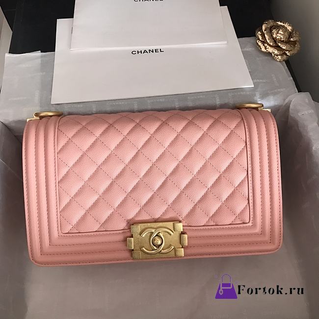 Chanel Medium Boy Bag Classic Gold-tone Metal Grained Leather Pink A67086 25cm - 1