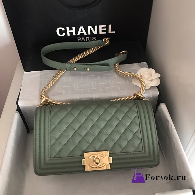Chanel Medium Boy Bag Classic Gold-tone Metal Grained Leather Green A67086 25cm - 1