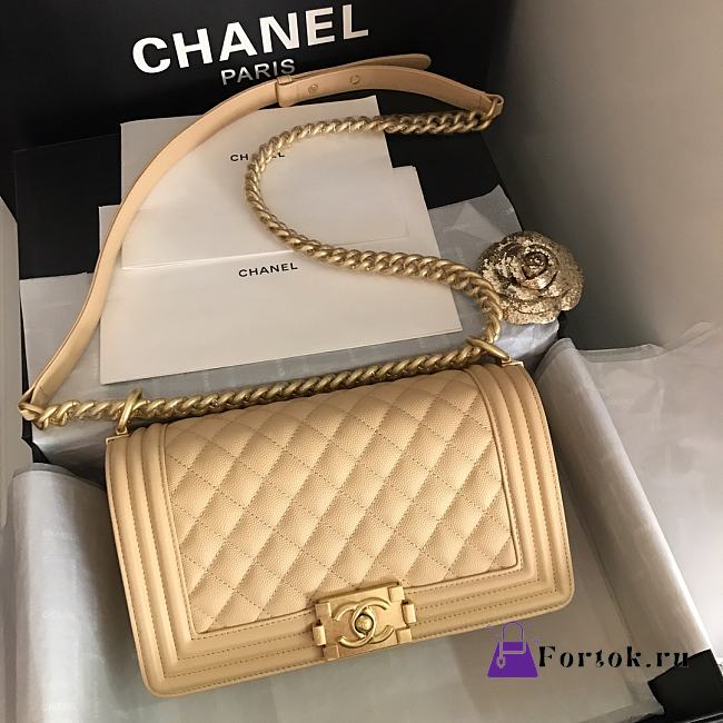 Chanel Medium Boy Bag Classic Gold-tone Metal Grained Leather Light Beige A67086 25cm - 1