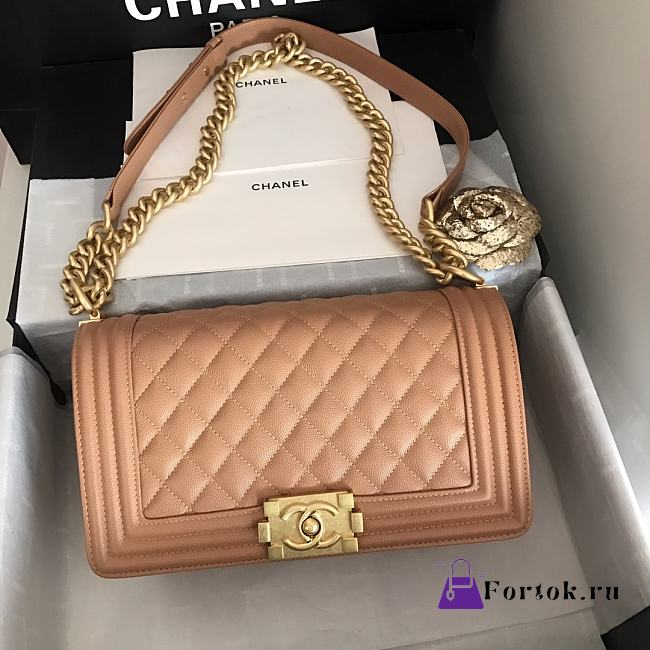 Chanel Medium Boy Bag Classic Gold-tone Metal Grained Leather Beige A67086 25cm - 1