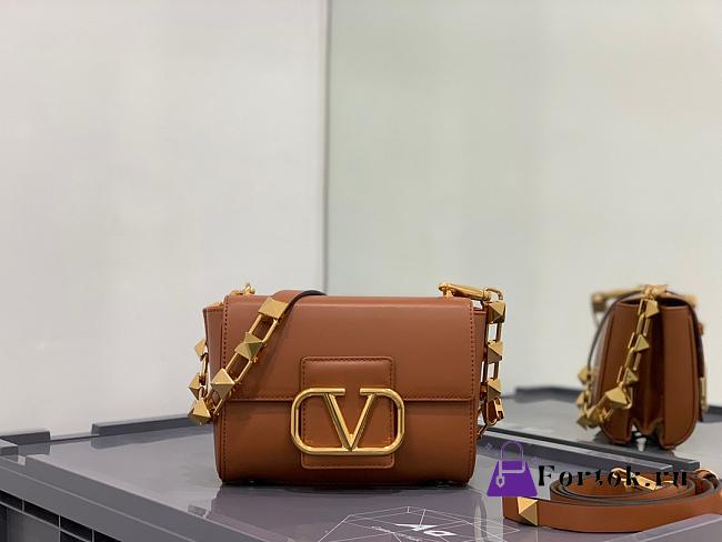 Valentino Stud Sign Grainy Leather Shoulder Bag Brown XW2B0J96CPD0NO 20x15x7cm - 1