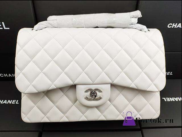 Chanel Flap Bag Silver-tone Metal Lampskin White A1113 30cm  - 1