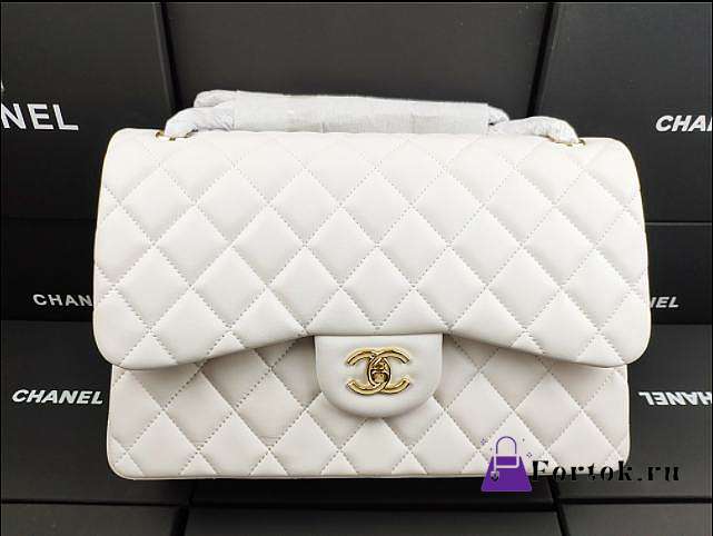 Chanel Flap Bag Gold-tone Metal Lampskin White A1113 30cm  - 1