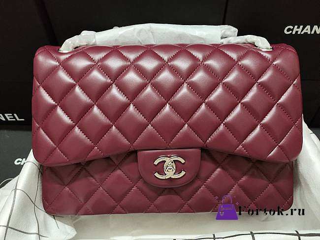 Chanel Flap Bag Silver-tone Metal Lampskin Burgundy A1113 30cm  - 1