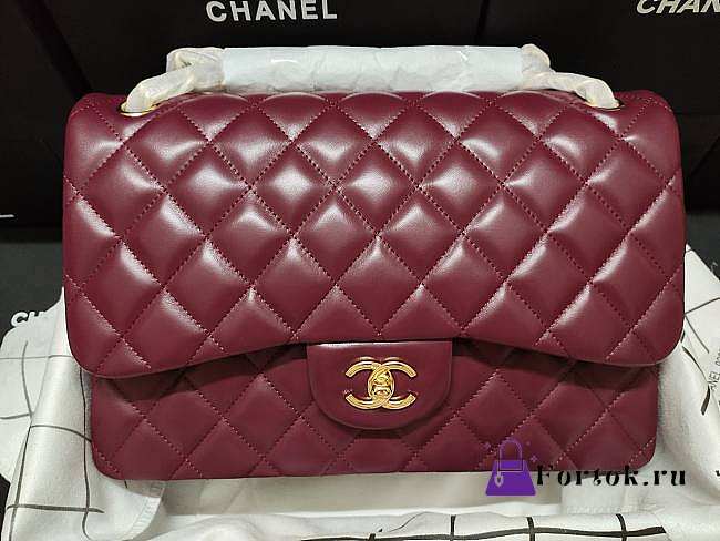 Chanel Flap Bag Gold-tone Metal Lampskin Burgundy A1113 30cm  - 1