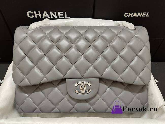 Chanel Flap Bag Silver-tone Metal Lampskin Gray A1113 30cm - 1