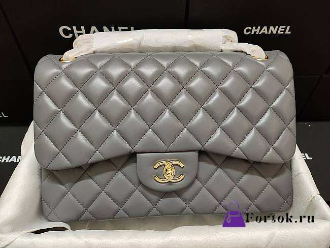 Chanel Flap Bag Gold-tone Metal Lampskin Gray A1113 30cm - 1