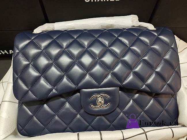 Chanel Flap Bag Silver-tone Metal Lampskin Navy A1113 30cm - 1