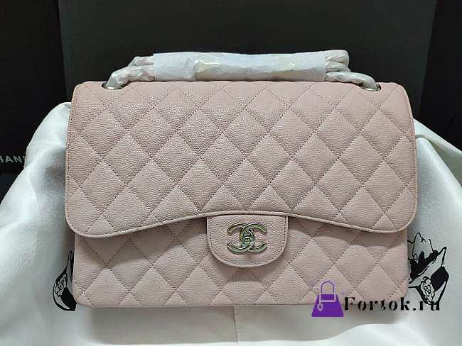 Chanel Flap Bag Silver-tone Metal Grained Leather Light Pink A1113 30cm - 1
