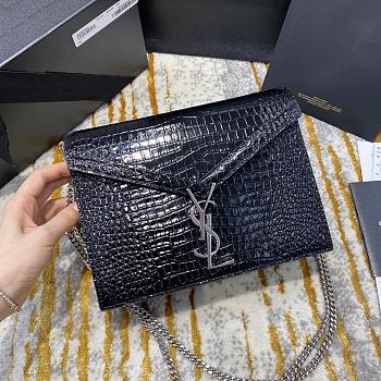 Ysl Cassandra Medium Chain Bag Crocodile Leather Silver-tone Metal Black 532750 22x16.5x5.5cm