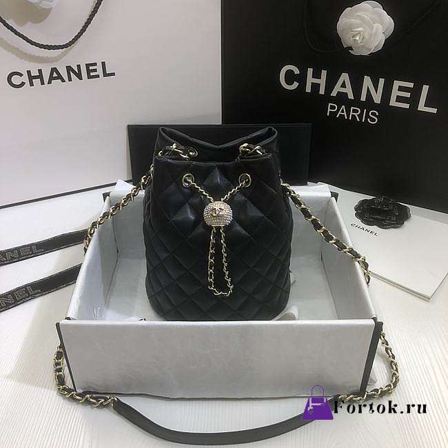 Chanel Strass Drawstring Bucket Bag Lambskin Black AS1894 19x13x13cm - 1