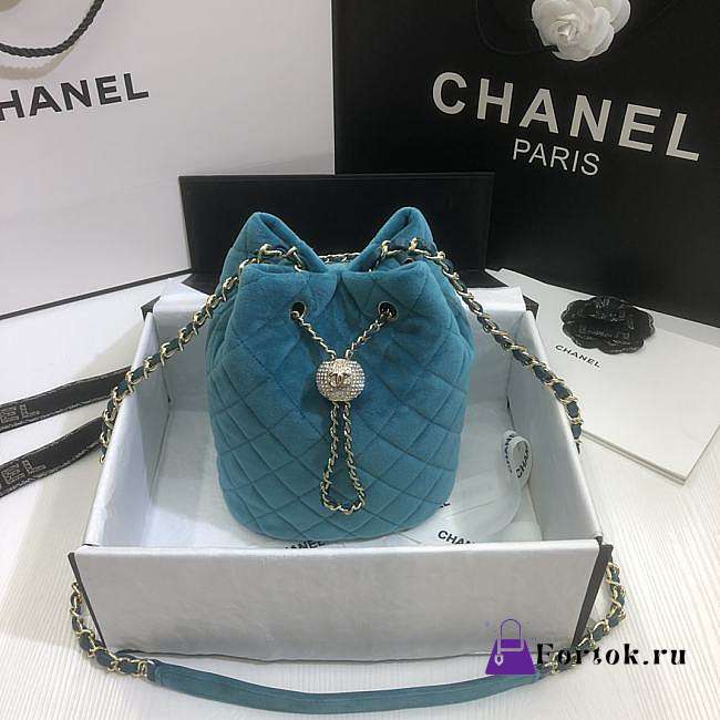 Chanel Strass Drawstring Bucket Bag Velvet Teal Blue AS1894 19x13x13cm - 1