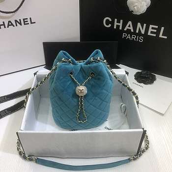 Chanel Strass Drawstring Bucket Bag Velvet Teal Blue AS1894 19x13x13cm