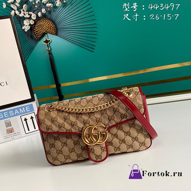 Gucci GG Marmont Small Shoulder Bag GG Canvas Beige/Red 443497 26x15x7cm - 1