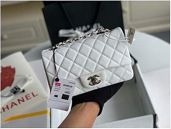 Chanel Mini Flap Bag Silver-tone Metal Grained Leather White 20cm