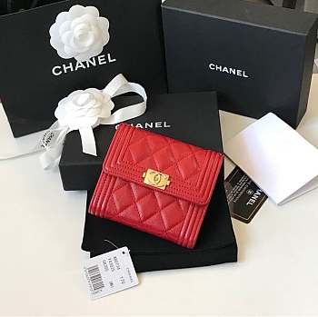 Chanel Boy Gold-tone Metal Grain Leather Wallet Red A80734 11.5x10.5x3cm