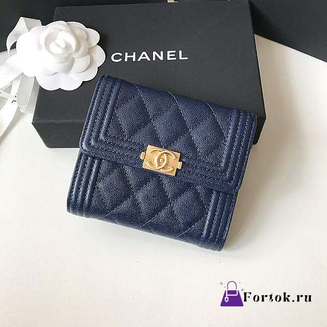 Chanel Boy Gold-tone Metal Grain Leather Wallet Navy A80734 11.5x10.5x3cm - 1