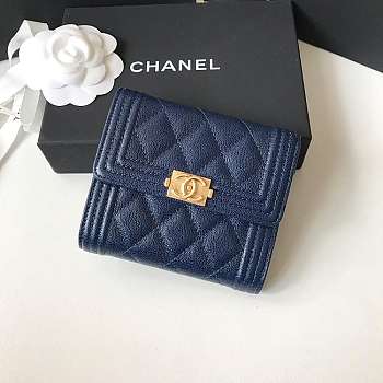 Chanel Boy Gold-tone Metal Grain Leather Wallet Navy A80734 11.5x10.5x3cm