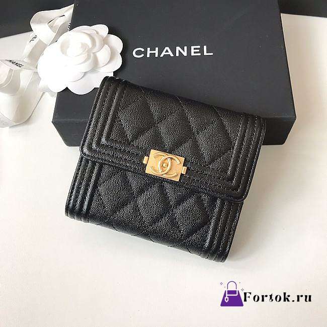 Chanel Boy Gold-tone Metal Grain Leather Wallet Black A80734 11.5x10.5x3cm - 1