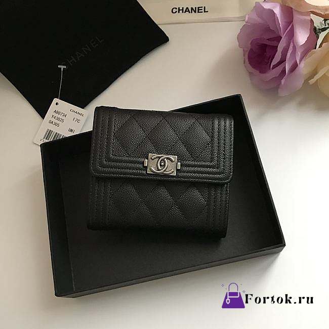 Chanel Boy Black-tone Metal Grain Leather Wallet Black A80734 11.5x10.5x3cm - 1