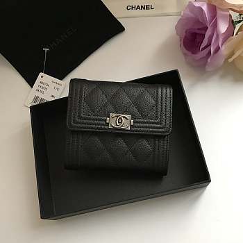 Chanel Boy Black-tone Metal Grain Leather Wallet Black A80734 11.5x10.5x3cm