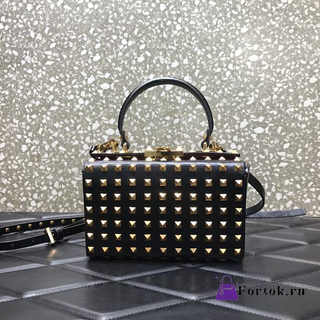 Valentino Rockstud Alcove Box Bag All-Over Studs Grained Leather Black/Gold Metal 19x12x8cm  - 1