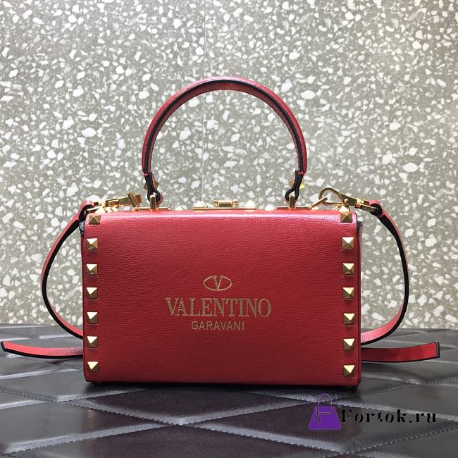 Valentino Rockstud Alcove Box Bag Studs Grained Leather Red 19x12x8cm - 1