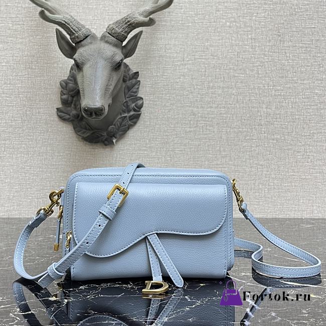 Dior Mini Saddle Shoulder Strap Pouch Leather Blue S5671 10.5x5cm - 1