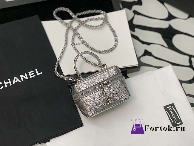 Chanel Small Vanity With Chain Grained Leather Silver AP2194 12×11.5×7cm - 1