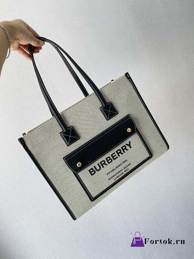 Burberry Small Leather Freya Tote  Two-tone Canvas Black 80441381 33x12.5x26cm - 1
