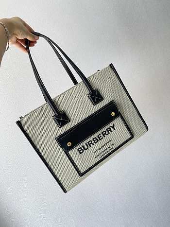 Burberry Small Leather Freya Tote  Two-tone Canvas Black 80441381 33x12.5x26cm